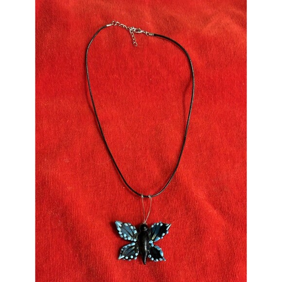 Handblown Fused Glass Black & Blue Butterfly Necklace - Picture 1 of 9